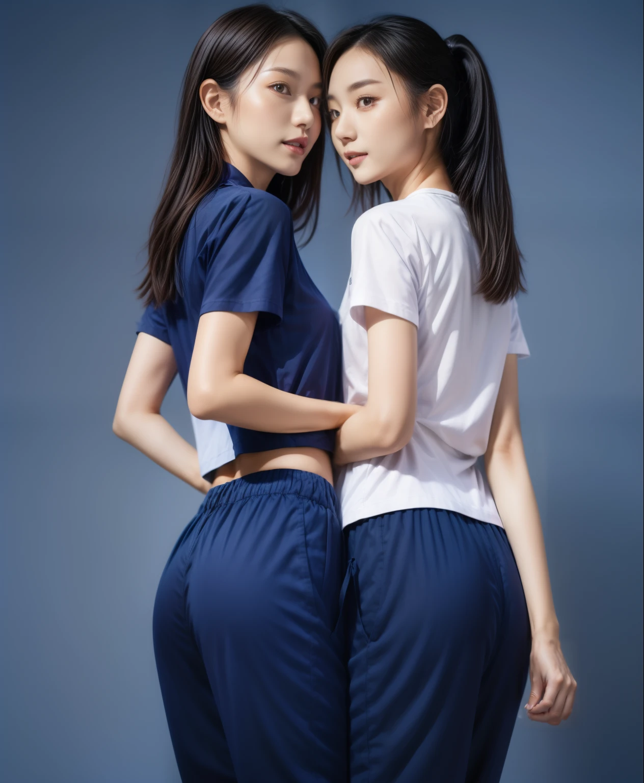 2 girls in fitness center, Blue short-sleeved shirt,Sweatpantsขายาวสีกรมท่า,Sweatpants, Sweatpantsขายาว,25 year old girl, lesbian, sexy, exercise clothes, wet body, exercise clothes