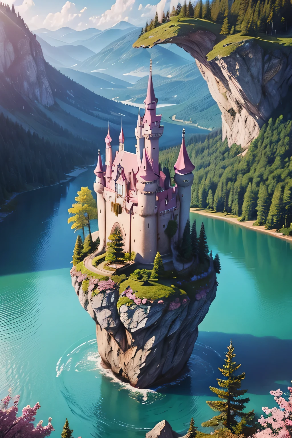 Pink and blue fairytale castle, on a rock, surrounded by forest and lake