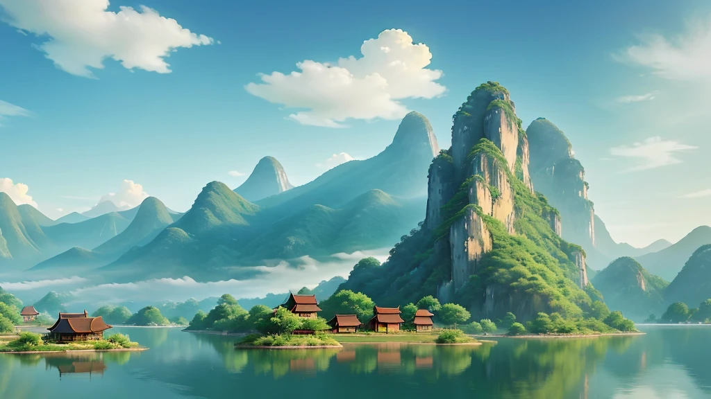 This photo depicts a peaceful landscape painting in the East Asian style. Trong tranh, There is a high mountain with sharp peaks covered with mist. In the foreground, There is a still lake reflecting the image of the mountain, and on the lakeshore are traditional East Asian buildings with multi-storey curved roofs, nằm giữa những cây thông. Besides, There are also two birds flying in the sky. The painting uses soft colors and delicate details to depict natural and architectural elements, creating an interesting and culturally rich landscape.