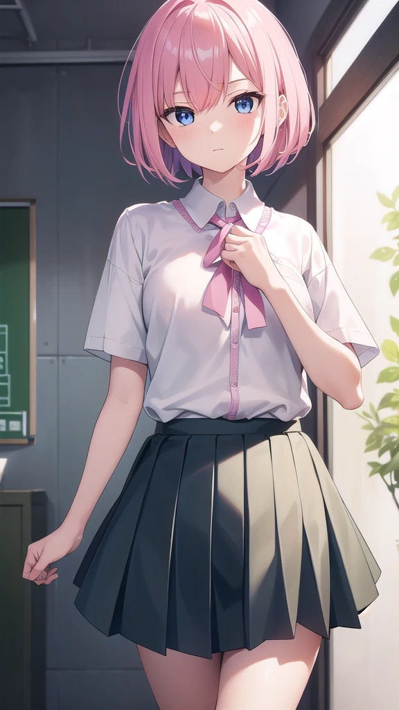 ichikanakano, Nakano Ichika, short hair, bangs, blue eyes, Hair between the eyes, Pink Hair,whole body,Low - Angle,front,looking at the camera, break skirt, shirt, , white shirt, Short sleeve, Pleated skirt, shoes, shoes下, collared shirt, Black footwear, sweater, white shoes下, Green Skirt, loafers, Waist clothes, break looking at viewer, whole body, Upper Body, break indoors, classroom, break (masterpiece:1.2), Highest quality, High resolution, unity 8k wallpaper, (figure:0.8), (Beautiful attention to detail:1.6), Highly detailed face, Perfect lighting, Highly detailed CG, (Perfect hands, Perfect Anatomy),