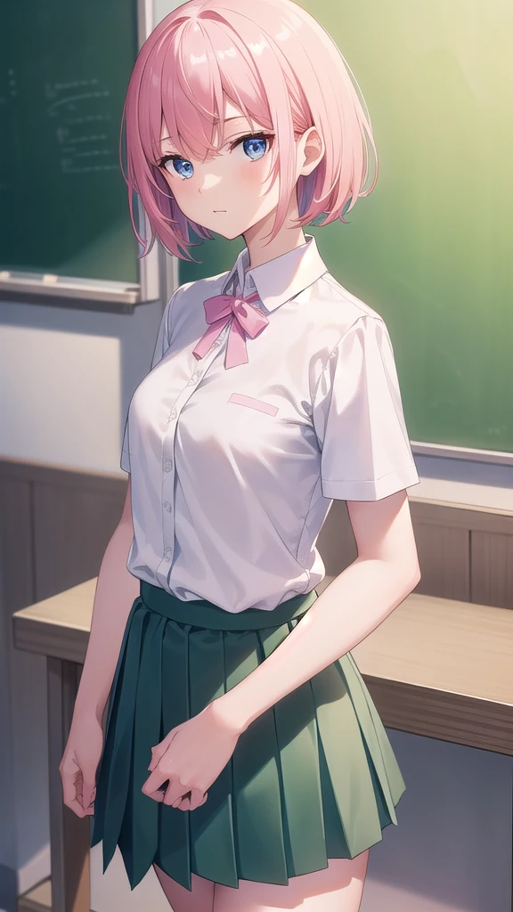 ichikanakano, Nakano Ichika, short hair, bangs, blue eyes, Hair between the eyes, Pink Hair,whole body,Low - Angle,front,looking at the camera, break skirt, shirt, , white shirt, Short sleeve, Pleated skirt, shoes, shoes下, collared shirt, Black footwear, sweater, white shoes下, Green Skirt, loafers, Waist clothes, break looking at viewer, whole body, Upper Body, break indoors, classroom, break (masterpiece:1.2), Highest quality, High resolution, unity 8k wallpaper, (figure:0.8), (Beautiful attention to detail:1.6), Highly detailed face, Perfect lighting, Highly detailed CG, (Perfect hands, Perfect Anatomy),