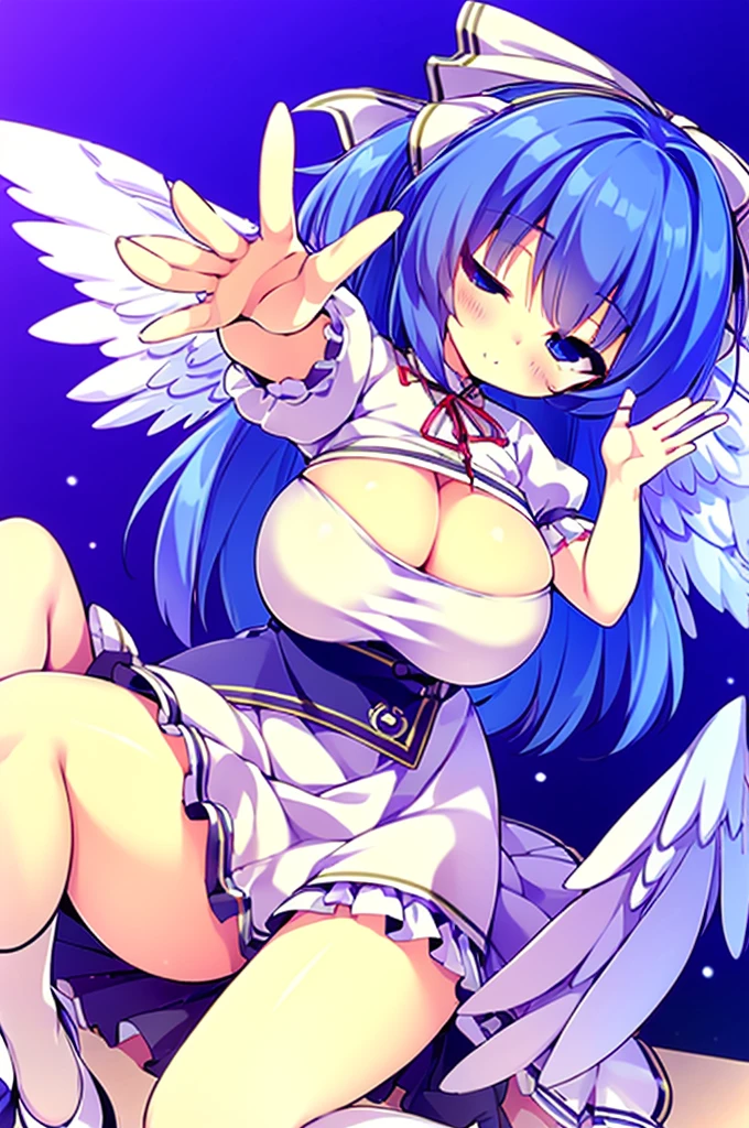 (best quality,4k,8k,highres,masterpiece:1.2), top-quality(masterpiece), top-quality, ultra-detailed, highly detailed texture, intricate details, high quality textures, A cute teenage angel with blue eyes, big pink ribbon in her hair, drawn in anime style, 1girl, (((1girl in))), , 10 years old, (((loli))), ((childish)), medium blue hair, hair flaps, pink ribbon on head, well-formed face, Beautiful face, blue eyes, pretty eyes, angel girl, white blouse, puffy short sleeves, red ribbon, angel wings, long white skirt, red shoes, frills, ribbon head, A pair of angel wings on the back, clean line drawings, cute, from behind, to lift up one’s skirt, cowboy shot, from front, standing , raise one leg, crossed arms, arms up behind, arms behind back, hand between legs, put hands hip, one hand on hip, forward hands, arms raised in the air, punch hands, peace sign, waving, put up index finger, sit, lie down, closed eyes, lie face down, looking back, put one hand chest, leaning forward, cleavage, close up, horizontally outstretched arms, horizontally outstretched legs, front view, front face, huge breasts for short stature, cleavage is clearly visible ,G-Cup