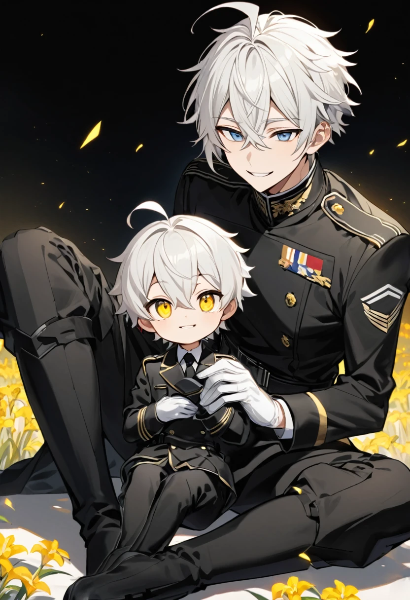 Young white-haired masculine boy, messy and medium long with ahoge, his hair is between his eyes, the eyes are yellow iris, He is wearing a black military suit with a white shirt inside and a black tie., on his hands there are white gloves, For his feet he wears black military boots., his body is young and thin, he is smiling