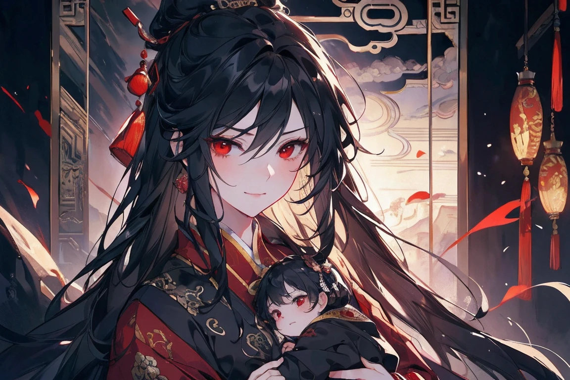 (extremely detailed 8K wallpaper),(ultra-detailed),(best quality),(masterpiece),(highly detailed),(cinematic lighting),(Original),Cold ligh,moody,(Chinese elaborate-style painting ),ink style, black hair, red eyes, sweet smile, sad face, holding her little baby