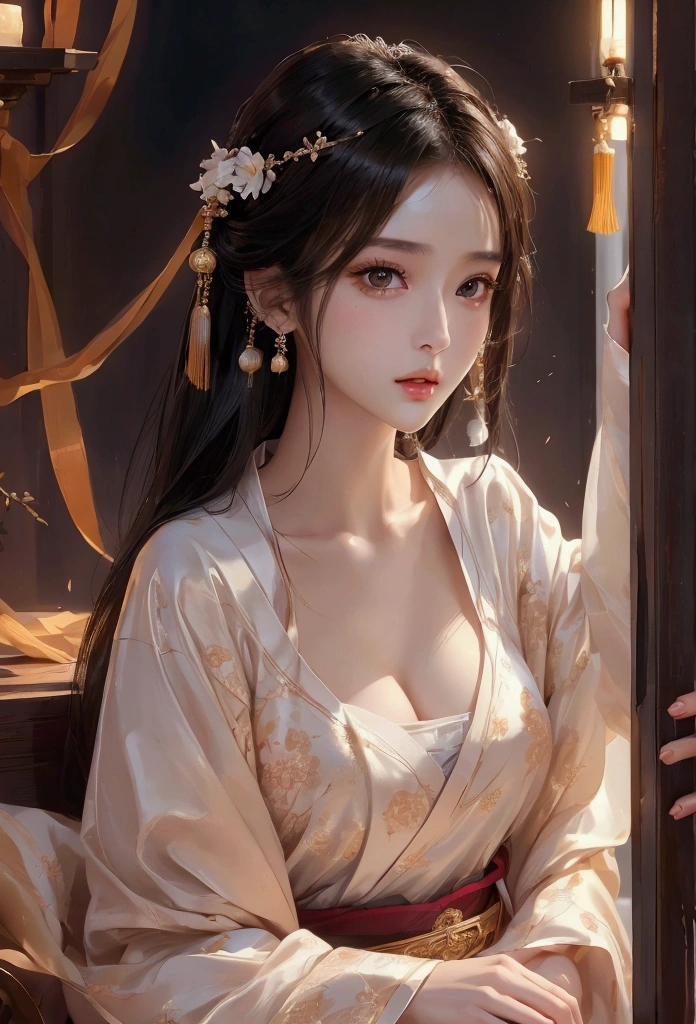 Best image quality、8k、masterpiece:1.3))、Realistic high-quality photos、Highest quality、 Beautiful face、Photos of slim models、Beautiful girl model、Young and pretty face、Beautiful model girl、A lovely and delicate face、Black Hair、Beautiful brown eyes、Young Body、Hanfu, (emphasize)、from the front、Camera gaze、Anatomically correct、胸の谷間をemphasize、whole body、