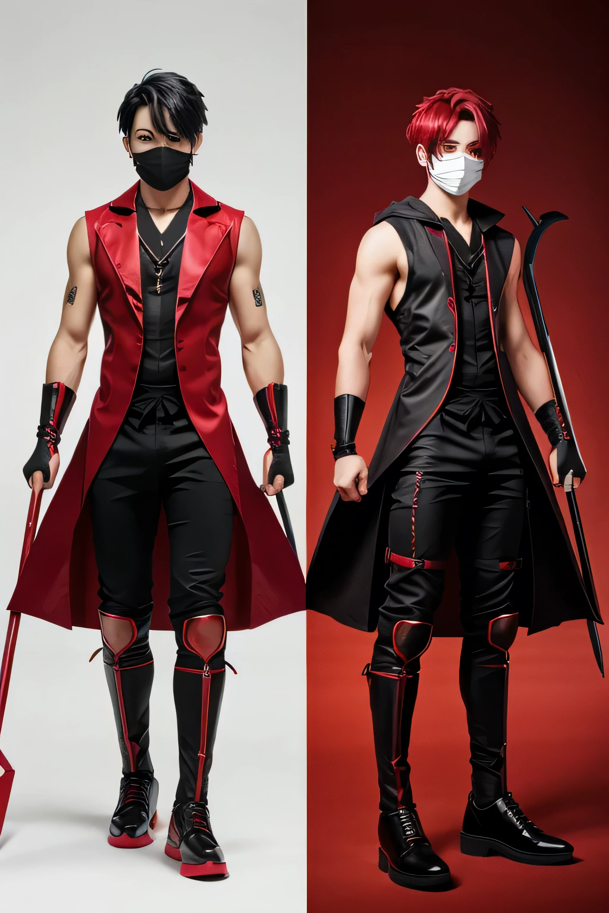 Create a male character dress and neon red eyes,Black and red colour combination with holding a red big magical scythe, character with face mask, flying shoe Full body image and front and back image