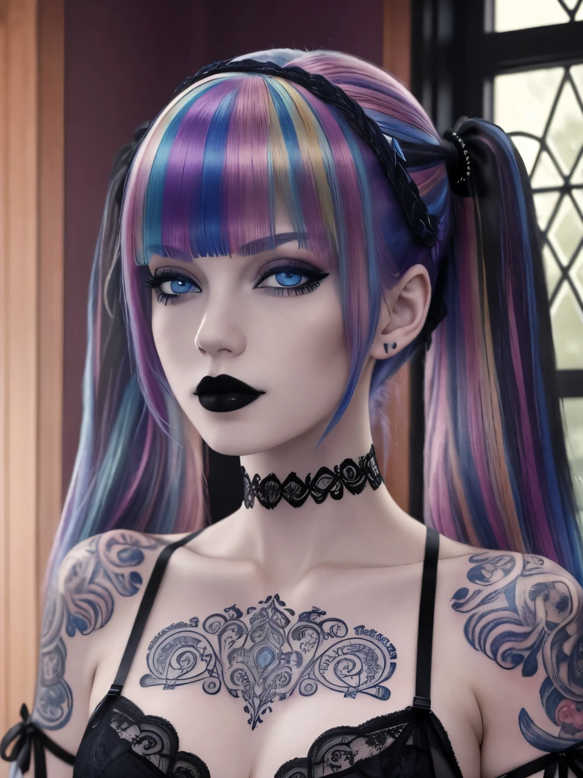 (masterpiece), (extremely intricate:1.3), (realistic), 1girl, solo, goth, pale skin, rainbow hair, twintails, bangs, detailed blue eyes, portrait, looking at viewer, indoors, lingerie, tattoos, choker