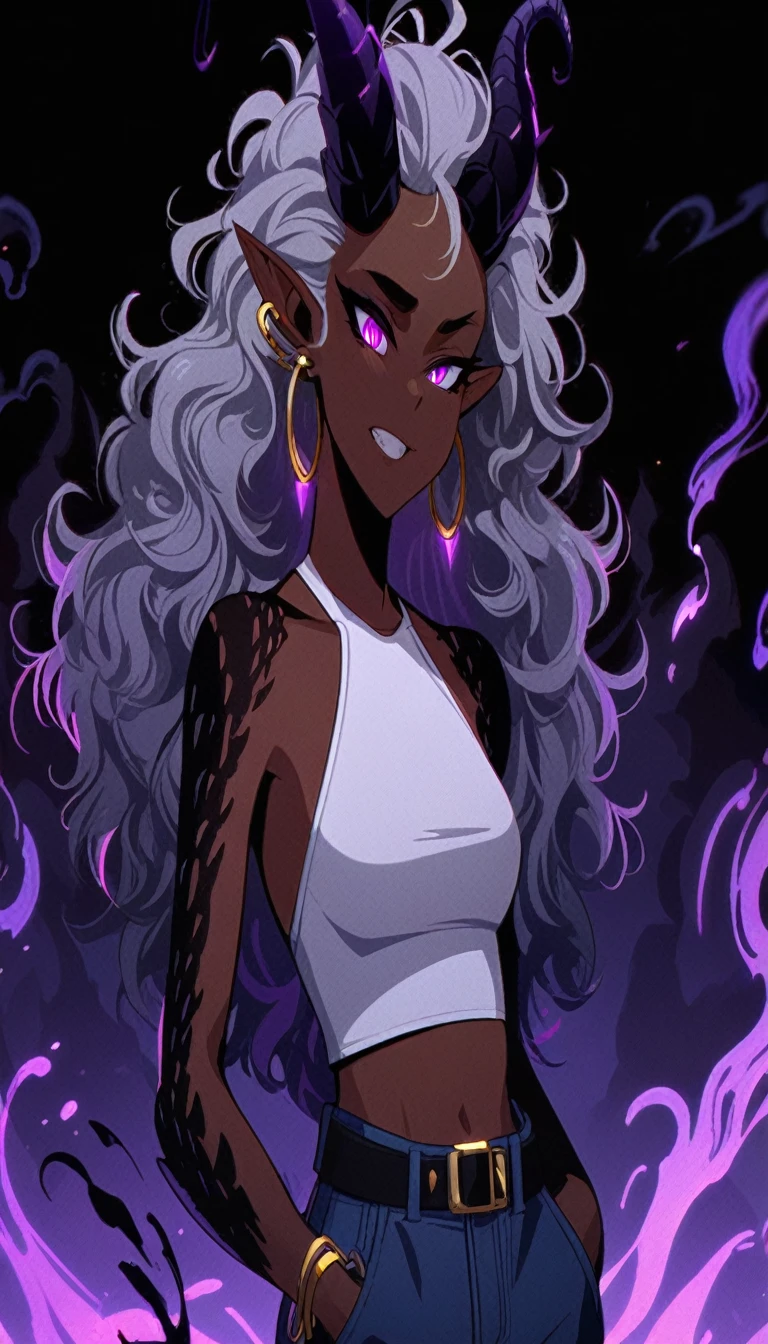 Dark-skinned tomboyish woman, large dragon horns on head, short puffy Android 21 silver hair, violet eyes, long pointy ears, black scales on arms, gold jewelry, calm and cool attitude, small grin, white cropped halter top, dark blue jeans, hand in pocket, dark background, swirling purple fire aura, detailed facial features, dynamic lighting, vibrant colors, fantasy character