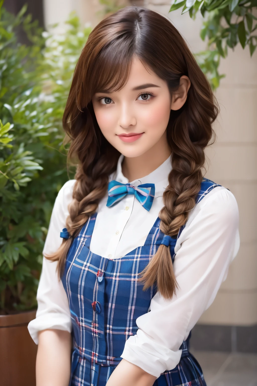 A breathtakingly beautiful and very young girl, exuding an air of innocence and charm. She is dressed in a collared shirt, adorned with checkered stripes, and a short skirt, part of a stunning ensemble. Her bangs gracefully frame her face, while twin braids, adding a touch of whimsy to her overall appearance. The girl's intricate and delicate linework, as well as her fine details, are a testament to the insane amount of attention given to every aspect of her illustration. Her iridescent brown hair is vividly colored and meticulously crafted, with whimsical patterns and enchanting scenes intertwined throughout.