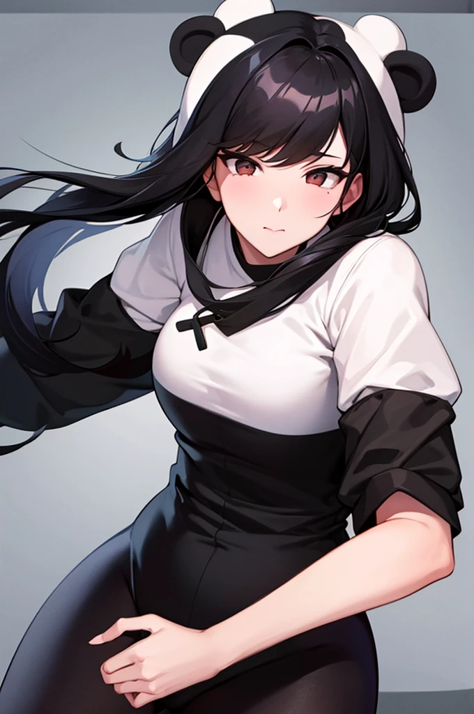 Wear a panda costume,Black Hair,Cheesy