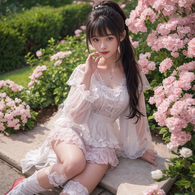 best quality, masterpiece, lifelike, 1 girl, solitary, eternity, Hair tied in a double ponytail, Bangs, laugh out loud, layered lace skirt, Puff sleeves, Wide sleeves, Transparent sleeves, flower, Detailed Background, Delicate face,pink blush,White,knee socks, pink shoes,cold,lots of lace,((masterpiece))、(top quality)、8k、high detail、Super detailed、 21 years old female,masterpiece、born、intricate details showcase the ruffles and intricate designs of the Lolita dress、fair、magic、realism、Visual effects、FXAA、SSAO、Shader、voiceless、ambient lighting、Tone mapping、High resolution、Ultra high quality、Million pixels、(8k resolution:1.10)、8k resolution、high detail、intricate details、 (high quality:1.2、masterpiece:1.2、:1.21)、(21 years old female),Landscape photos