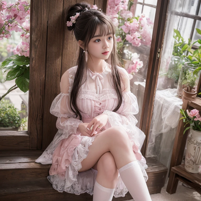 best quality, masterpiece, lifelike, 1 girl, solitary, eternity, Hair tied in a double ponytail, Bangs, laugh out loud, layered lace skirt, Puff sleeves, Wide sleeves, Transparent sleeves, flower, Detailed Background, Delicate face,pink blush,White,knee socks, pink shoes,cold,lots of lace,((masterpiece))、(top quality)、8k、high detail、Super detailed、 21 years old female,masterpiece、born、intricate details showcase the ruffles and intricate designs of the Lolita dress、fair、magic、realism、Visual effects、FXAA、SSAO、Shader、voiceless、ambient lighting、Tone mapping、High resolution、Ultra high quality、Million pixels、(8k resolution:1.10)、8k resolution、high detail、intricate details、 (high quality:1.2、masterpiece:1.2、:1.21)、(21 years old female),Landscape photos