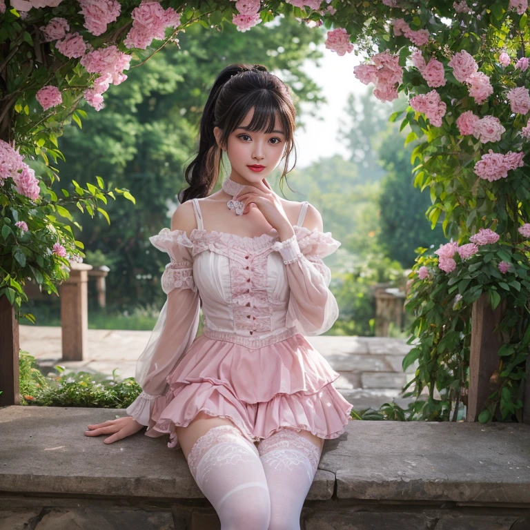 best quality, masterpiece, lifelike, 1 girl, solitary, eternity, Hair tied in a double ponytail, Bangs, laugh out loud, layered lace skirt, Puff sleeves, Wide sleeves, Transparent sleeves, flower, Detailed Background, Delicate face,pink blush,White,knee socks, pink shoes,cold,lots of lace,((masterpiece))、(top quality)、8k、high detail、Super detailed、 21 years old female,masterpiece、born、intricate details showcase the ruffles and intricate designs of the Lolita dress、fair、magic、realism、Visual effects、FXAA、SSAO、Shader、voiceless、ambient lighting、Tone mapping、High resolution、Ultra high quality、Million pixels、(8k resolution:1.10)、8k resolution、high detail、intricate details、 (high quality:1.2、masterpiece:1.2、:1.21)、(21 years old female),Landscape photos