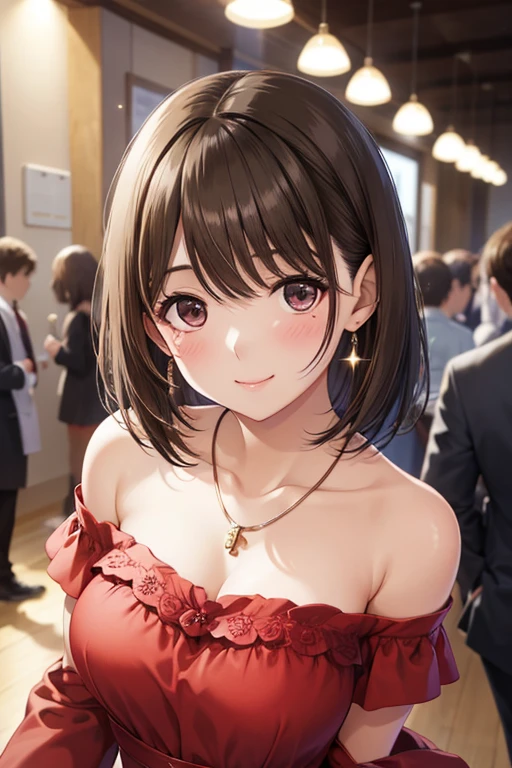 anegasaki nene、Shiny brown hair, short hair, (Beautiful brown eyes、Sparkling eyes, Fine grain)、smile、Ultra-detailed eyes、Very detailed顔, Very detailed目,


One girl, Natural light, masterpiece, Very detailed, figure, Game CG, Absurd, high quality, Beautiful attention to detail, Glossy Lips, Natural light, Medium chest, 
, clavicle, jewelry, necklace, blush, Red dress, Off the shoulder, 軽いsmile, night, Neon Light, Red carpet, crowd