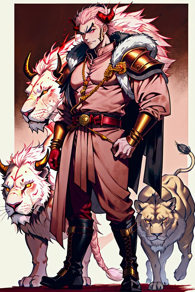Journey to the West Bull Demon King,Full body portrait,front Photo,No background,Stand in military posture,Wearing a silver-polished iron helmet,Wearing velvet and golden armor,Step-in curled toe pink suede boots,Waist-tied silk three-strand lion belt,Two eyes as bright as a mirror,Two eyebrows are as bright as red neon,Blood-mouthed,Gear Copper Plate