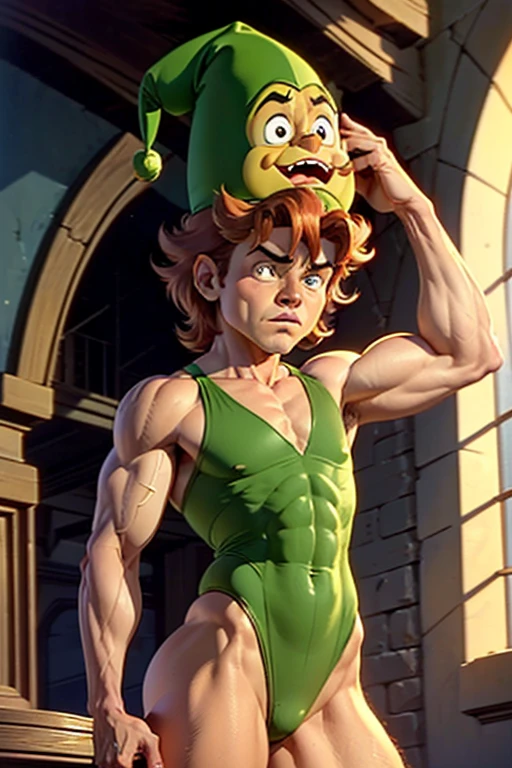 a redhead cartoon character dressed in a green leotard, very muscular, a 14 year old male wizard, 1980s cartoon, animated episode still, Presto (((mad))), ((Wears a wizard hat on his head))