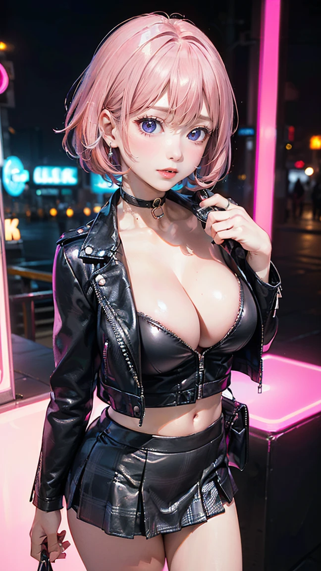 (nsfw)、female idol、smiling face、full body Esbian、、shiny glossy latex mini skirt（neon lavender)、(multicolor short hair)、conceptual art, High quality, Realistic, extremely detailed CG unified 8k wallpaper, highly detailed, High-definition raw color photos, professional photography, Realistic portrait, Cinematic Light, Beautiful detailed, Super Detail, high details, (((Bokeh))), depth of fields, illumination, Neon Street, Super stylish lighting