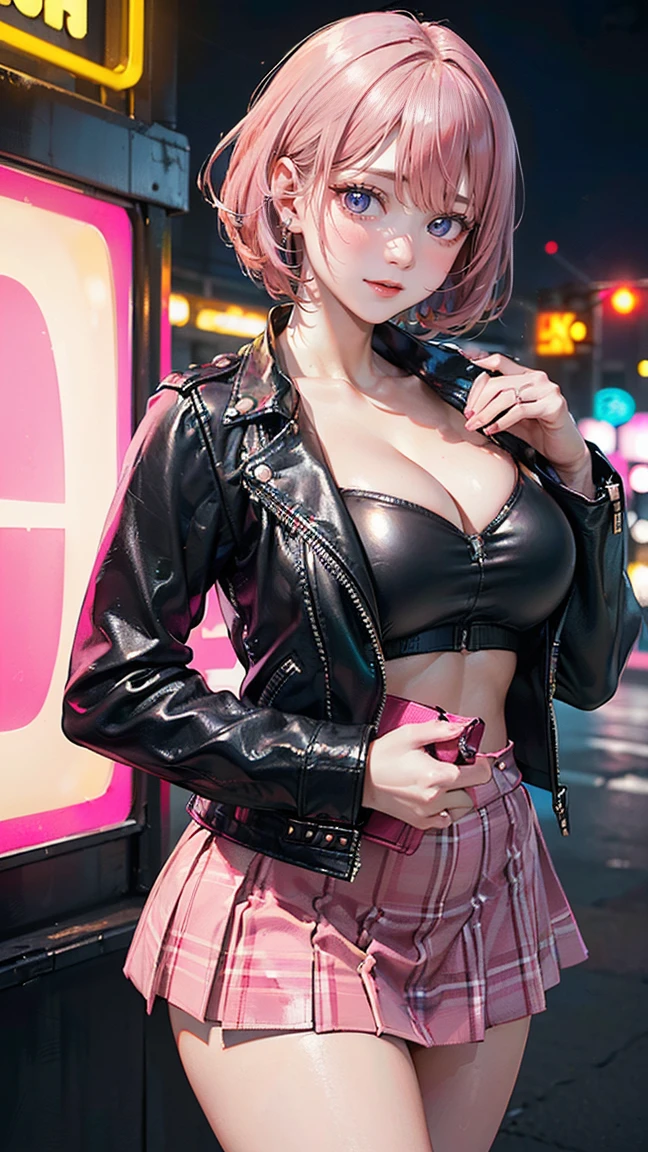 ((Highest quality, 8k, masterpiece :1.3)), (Sharp focus :1.2, Beautiful woman with perfect figure :1.4, Slim Abs), ((Big Breasts, Emphasize cleavage:1.2)), (Photorealistic:1.4), (realistic:1.4), (Pink Hair:1.5), Highly detailed face and skin texture, Fine grain, double eyelid. Makeup face, A little bit of lipstick, sex appeal, Sexy gravure pose, ((She was wearing a black tank top and a mini skirt.、A high school girl with short hair、She shows off her sexy figure against the backdrop of the neon lights of the city at night.。I have a smartphone in my hand。:1.3)