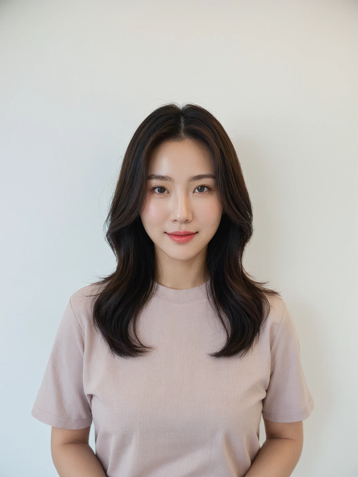 Best Quality, 8k, Masterpiece, (Portrait: 1.3), (photo realistic:1.4), (hyper realistic:1.4), Sharp Focus, looking at viewer, (smoother lighting:1.1), (increase cinematic lighting quality:0.9), realistic lighting, backlighting, light on face, ray trace, (brightening light:1.2), (Increase quality:1.4), sharp detail, (best quality real texture skin:1.4), finely detailed eyes, black_eyes, finely detailed face, 25 year old Korean woman, (rilled_shirt:1.4), (Create an image maintaining the original base model hairstyle:1.5),smiling_face