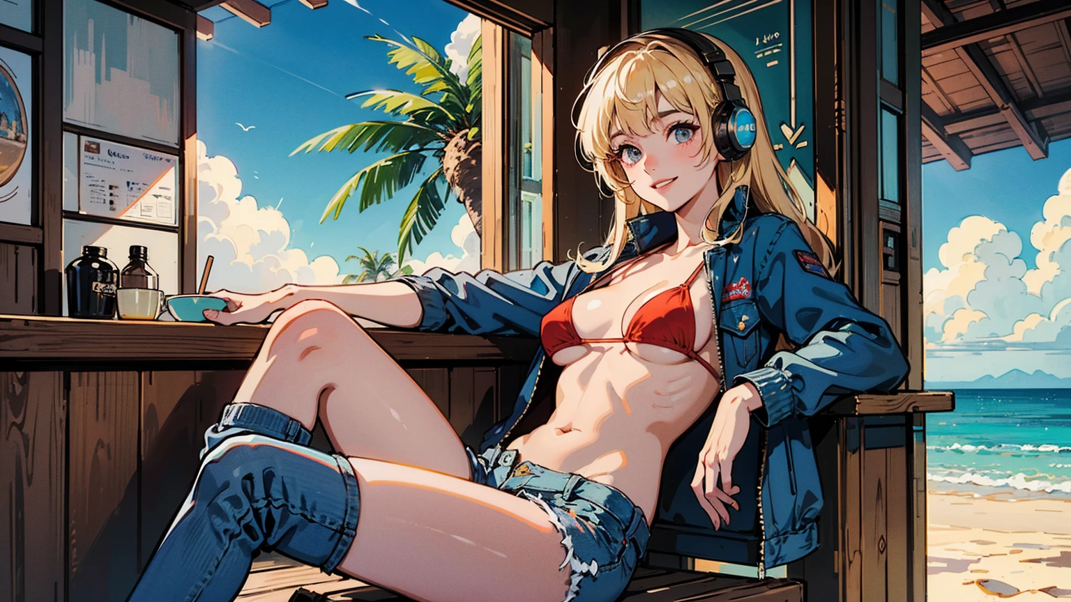 masterpiece、high resolution 8k、NSFW、sharp focus、contrast lighting、A cozy beach bar with a menu board, 1 girl, sitting on wooden stools,a red bikini top,blue denim jacket shorts,long blonde hair hair,smiling,headphone, a doorway leads to a sandy beach with a clear blue sky and a palm tree.