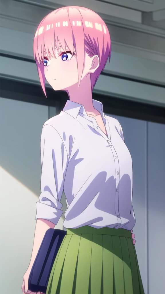 ichikanakano, Nakano Ichika, short hair, bangs, blue eyes, Hair between the eyes, Pink Hair,whole body,Low - Angle,front,looking at the camera, break skirt, shirt, , white shirt, Short sleeve, Pleated skirt, shoes, shoes下, collared shirt, Black footwear, sweater, white shoes下, Green Skirt, loafers, Waist clothes, break looking at viewer, whole body, Upper Body, break indoors, classroom, break (masterpiece:1.2), Highest quality, High resolution, unity 8k wallpaper, (figure:0.8), (Beautiful attention to detail:1.6), Highly detailed face, Perfect lighting, Highly detailed CG, (Perfect hands, Perfect Anatomy),
