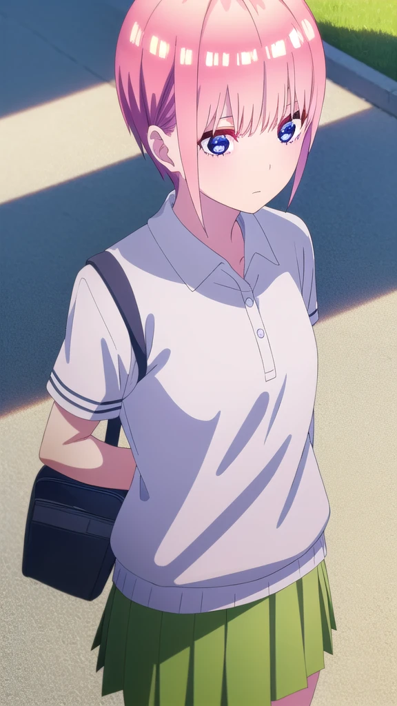 ichikanakano, Nakano Ichika, short hair, bangs, blue eyes, Hair between the eyes, Pink Hair,whole body,Low - Angle,front,looking at the camera, break skirt, shirt, , white shirt, Short sleeve, Pleated skirt, shoes, shoes下, collared shirt, Black footwear, sweater, white shoes下, Green Skirt, loafers, Waist clothes, break looking at viewer, whole body, Upper Body, break indoors, classroom, break (masterpiece:1.2), Highest quality, High resolution, unity 8k wallpaper, (figure:0.8), (Beautiful attention to detail:1.6), Highly detailed face, Perfect lighting, Highly detailed CG, (Perfect hands, Perfect Anatomy),