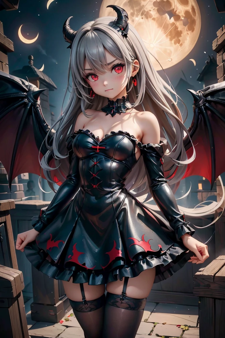 (Highest quality,Very detailed,High resolution:1.2),One Girl,Gray Hair,The most beautiful girl in human history,He has a big kiln like the Grim Reaper.,暗い red eyes (暗いred eyes:1.1),暗い aura(aura:1.1),(mysterious,Ghostly:1.1) atmosphere,Looks like half a demon,(Demonic traits,Devilish Features),(Elaborate,Brilliant) Cross shaped earrings,Small Ass,Gothic Lolita style clothing,Black Stockings,mini skirt,Red camisole,Black long coat,Grim Reaper-like Appearance,Has huge bat-like wings,A big full moon shines in the dark night sky