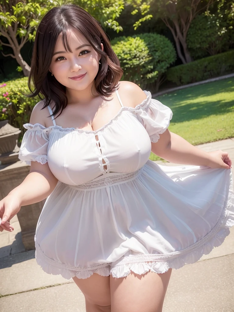 A beautiful and hot almost chubby mature woman.who is wearing a patterned short dress and is and standing in the park. A smiling face、sexy woman、A radiant smile、adorable、race、Frills、Colorful design、Full-length mirror、An inviting gaze、Gorgeous long and beautiful hairstyle、variation Hairstyle、Open neck blouse、Flower Garden、Sparkling、Elegant Princess