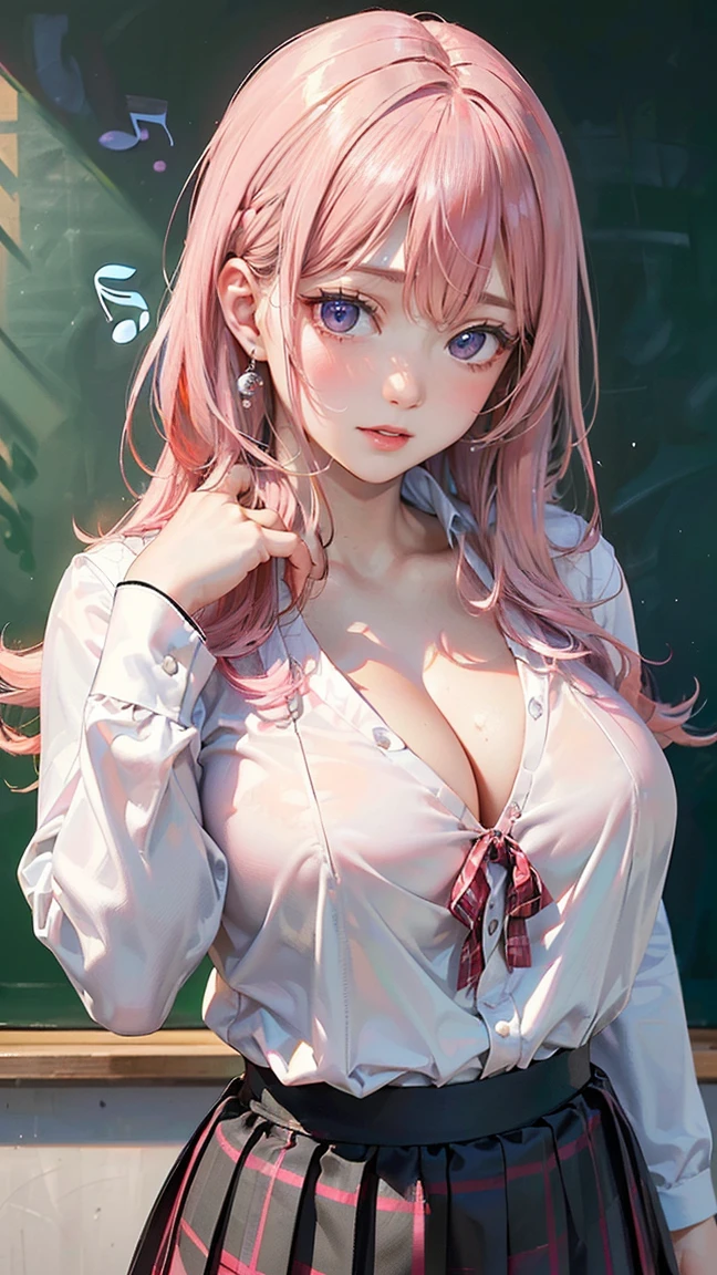 ((Highest quality, 8k, masterpiece :1.3)), (Sharp focus :1.2, Beautiful woman with perfect figure :1.4, Slim Abs), ((Big Breasts, Emphasize cleavage:1.2)), (Photorealistic:1.4), (realistic:1.4), (Pink Hair:1.5), Highly detailed face and skin texture, Fine grain, double eyelid. Makeup face, A little bit of lipstick, sex appeal, Sexy gravure pose, ((She wore a white blouse and a red checked pleated skirt.、A high school girl with long black hair、Posing sexy in front of the classroom blackboard。In the background, musical notes can be seen written on a blackboard.。:1.3)