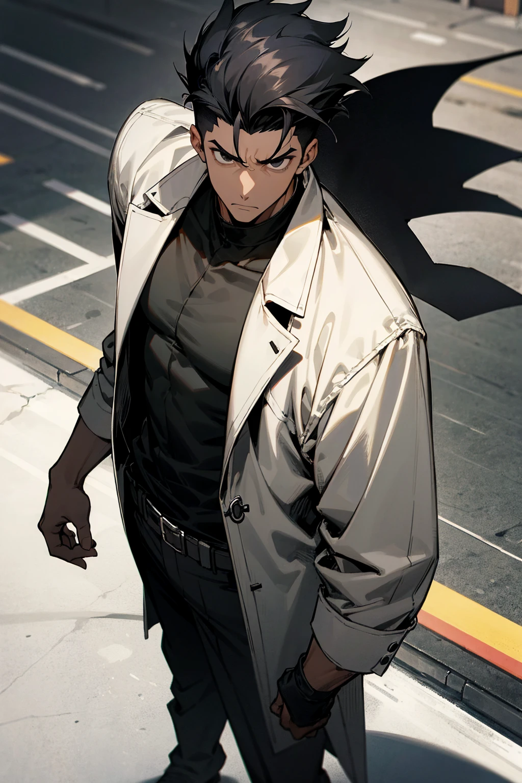 1male , Undercut Hair , Messy Hair , Goatee , Black Hair , Black Eyes , Dark Skin , Adult Male , Serious Expression , Standing on sidewalk , Black Compression T-Shirt , Black Trenchcoat