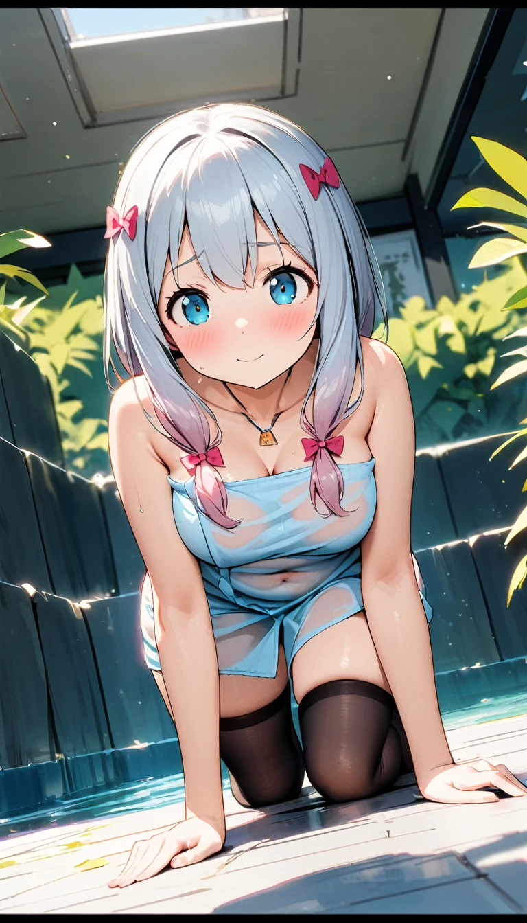 ittle girl, tiny girl, 10 years old child, lolita, lolicon, kawaii bright silver flame hair, long hair, beautiful hair, short girl, cute, sexy, playful face, blue eyes, beautiful eyes, flat chest, accurate hands, realistic hands, loli, lovely, shy, blush, short girl, innocent, ashamed, sweet, pool on background, sunny weather, detailed feet, sweaty, pleased, legs spread, realistic legs, thin legs, slippery skin, lubricated skin, wet panties, wet shirt, kawaii shirt, wet clothes, no chest, pleasure on a face, flat breast, polka dot panties, pink top, super cute panties, pantsu