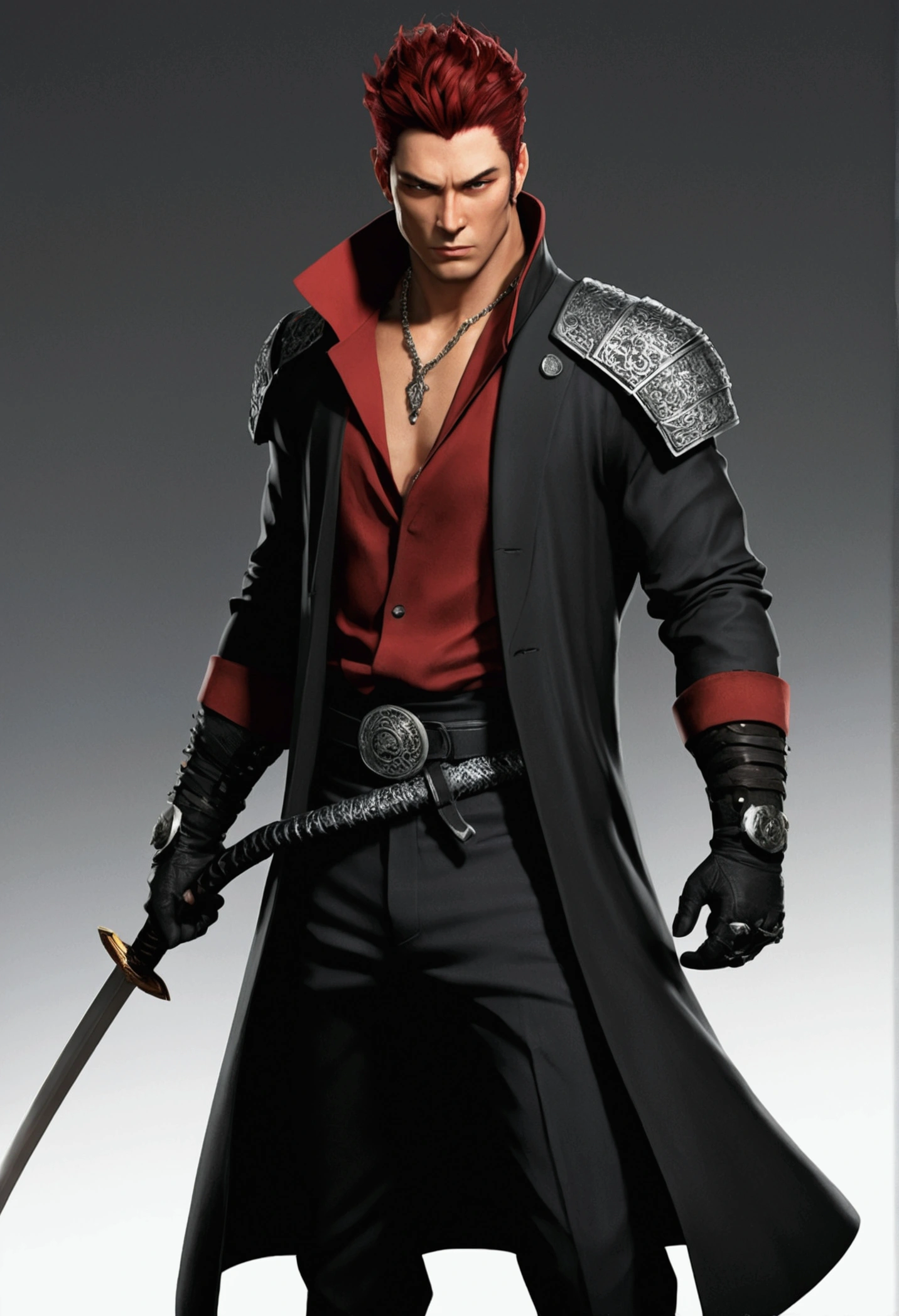 The male character has short, dark red hair styled in a slightly messy yet deliberate manner. His eyes are a striking amber, exuding a sense of confidence and determination. He has a stern and focused expression. He wears a black, high-collared coat with silver buttons and intricate detailing, reminiscent of a military or ceremonial uniform. The coat flows down dramatically, with a vibrant red inner lining that adds a bold contrast to his appearance. Attached to the coat is a hood that frames his face, adding an element of mystery and stealth.
Underneath the coat, he sports a fitted, black, buttoned shirt paired with black pants and a belt adorned with a chain, completing his sleek and polished look. He has fingerless gloves on his hands, adding a touch of ruggedness. Around his neck, he wears a silver necklace that complements his overall attire. The character wields a katana with a beautifully detailed hilt, reinforcing his warrior persona.
In addition to the katana, he carries another sword, the size of a dagger. This secondary weapon is broken, with its blade jagged and incomplete. Its sheath is adorned with a small piece of cloth, giving it a weathered and battle-worn appearance. His stance and expression reflect a formidable and confident demeanor, ready for any challenge.