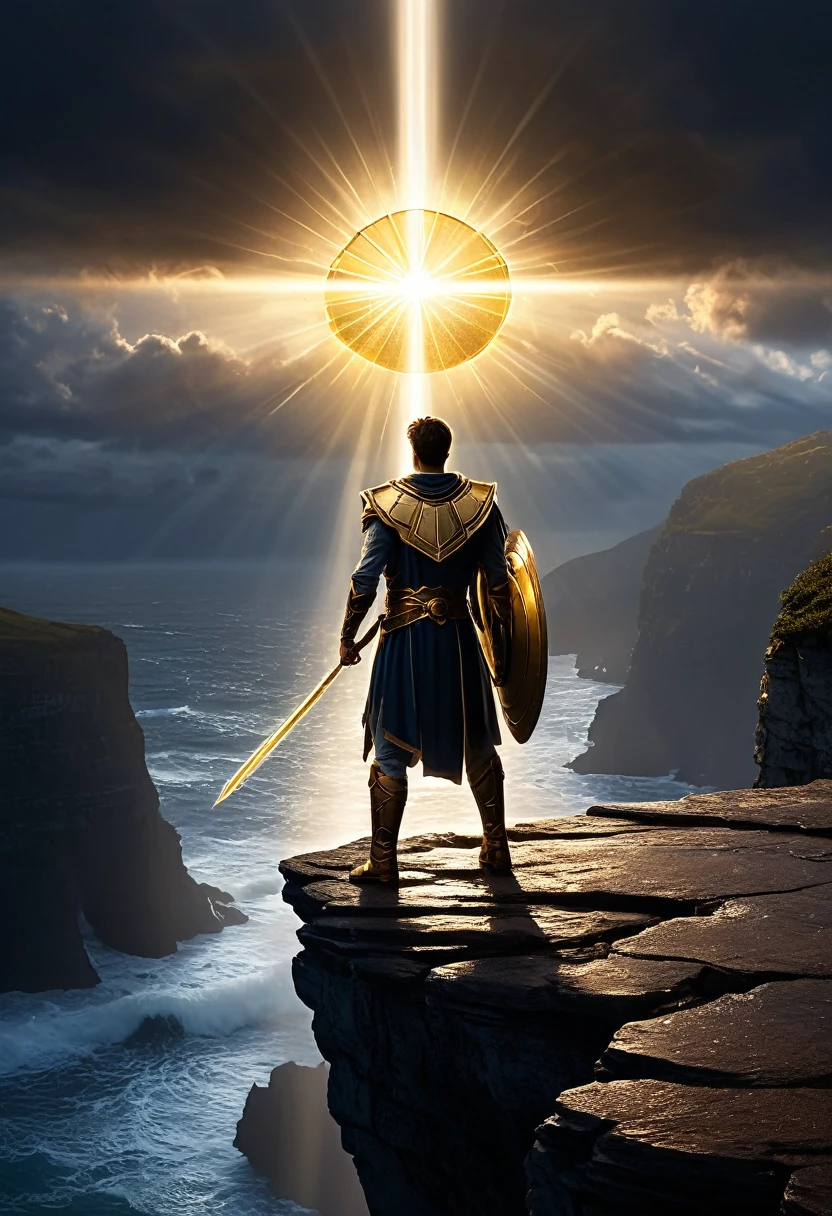 A heroic figure stands alone on a cliff, bathed in a golden light, symbolizing strength and transformation. The background is divided into two halves: one dark and stormy, the other bright with the dawn breaking. The hero holds a shining shield, standing tall and confident. The ground around him shows signs of breaking as if he has overcome great challenges. Rays of light emanate from his heart, spreading hope and courage. In the background, the sky transitions from darkness to light, with stars and a rising sun. The overall atmosphere is one of determination, hope, and resilience.