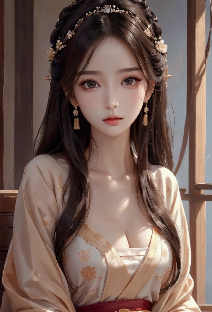 Best image quality、8k、masterpiece:1.3))、Realistic high-quality photos、Highest quality、 Beautiful face、Photos of slim models、Beautiful girl model、Young and pretty face、Beautiful model girl、A lovely and delicate face、Black Hair、Beautiful brown eyes、Young Body、Hanfu, (emphasize)、from the front、Camera gaze、Anatomically correct、胸の谷間をemphasize、whole body、