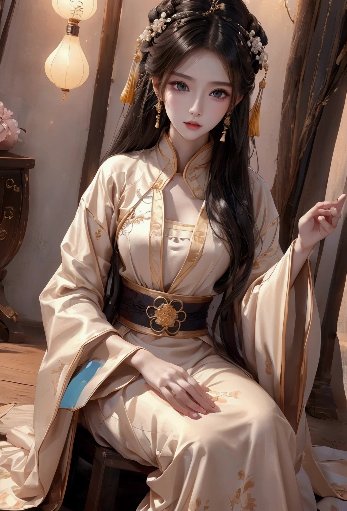 Best image quality、8k、masterpiece:1.3))、Realistic high-quality photos、Highest quality、 Beautiful face、Photos of slim models、Beautiful girl model、Young and pretty face、Beautiful model girl、A lovely and delicate face、Black Hair、Beautiful brown eyes、Young Body、Hanfu, (emphasize)、from the front、Camera gaze、Anatomically correct、胸の谷間をemphasize、whole body、