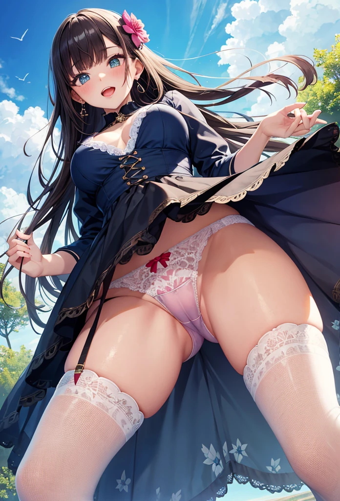 A beautiful girl wearing a navy blue dress posing for a photo, anime girl, in the park, ta style dress with ruffles and lace, (flower printed elegant dress skirt), low-cut chest, blue sky and white clouds, windy day, white stockings above the knee, (looking at the viewer), brown hair, bangs, swept bangs, long hair, wavy hair, shiny hair, expressive hair, hair flower, hair ribbon, jewelry, aqua eyes, glowing eyes, pupils sparkling, earrings, open mouth, blush, tongue, happy, red lips, glossy lips, upper teeth, naughty face, big rounds breasts, slim waist, beautiful and detailed legs, cute thighs, full body, well defined body, fine lace panties, (showing elegant panties:1.4), exposed panties, skirt lift, upskirt, wind blowing up dress skirt, high detail, ultra-detailed, anime, dithering, beautiful illustration, depth of field, pov, low angle, from below, perspective, panorama, game cg, NSFW, Wide-Angle, f/1.8, 85mm, Sony FE GM, 8k, super detail, UHD, retina, masterpiece, accurate, anatomically correct, textured skin, highres, 16k