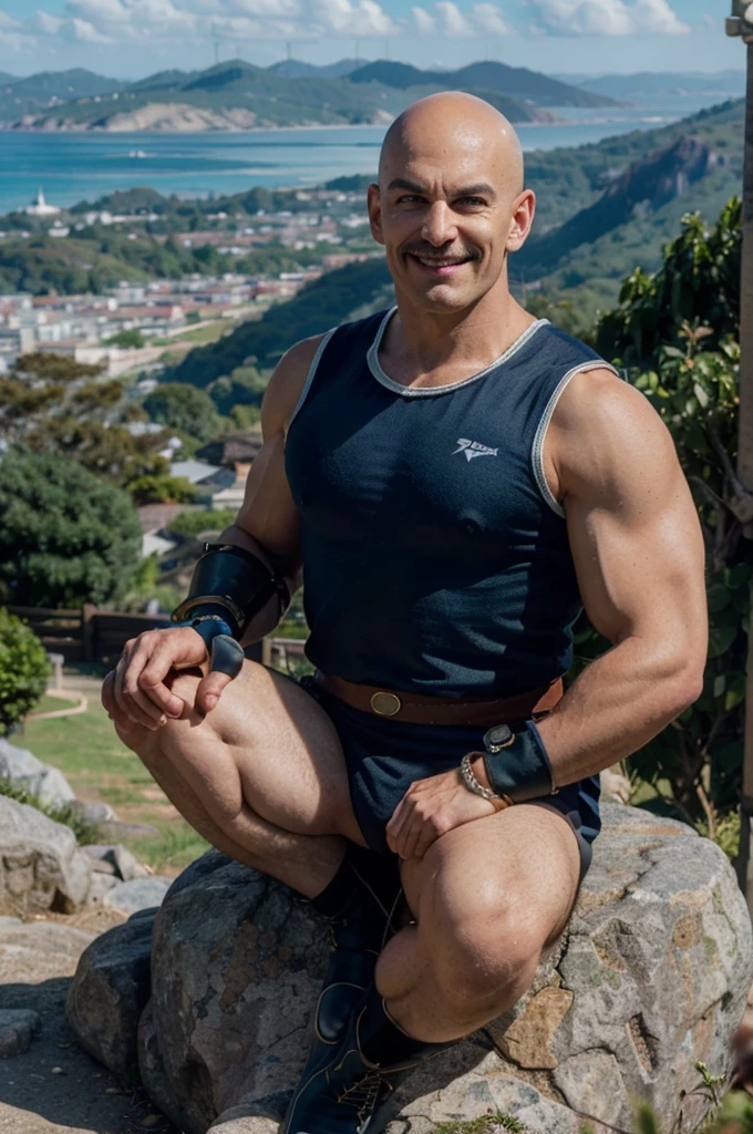 napa, bald, black eyes, mustache, muscular, dark blue saiyan armor, dark blue vambraces, dark blue boots, faulds, black briefs, tail around waist, looking at viewer, evil grin, serious, sitting, on a large rock, on a mountain, distant city, ocean, extreme detail, masterpiece,  