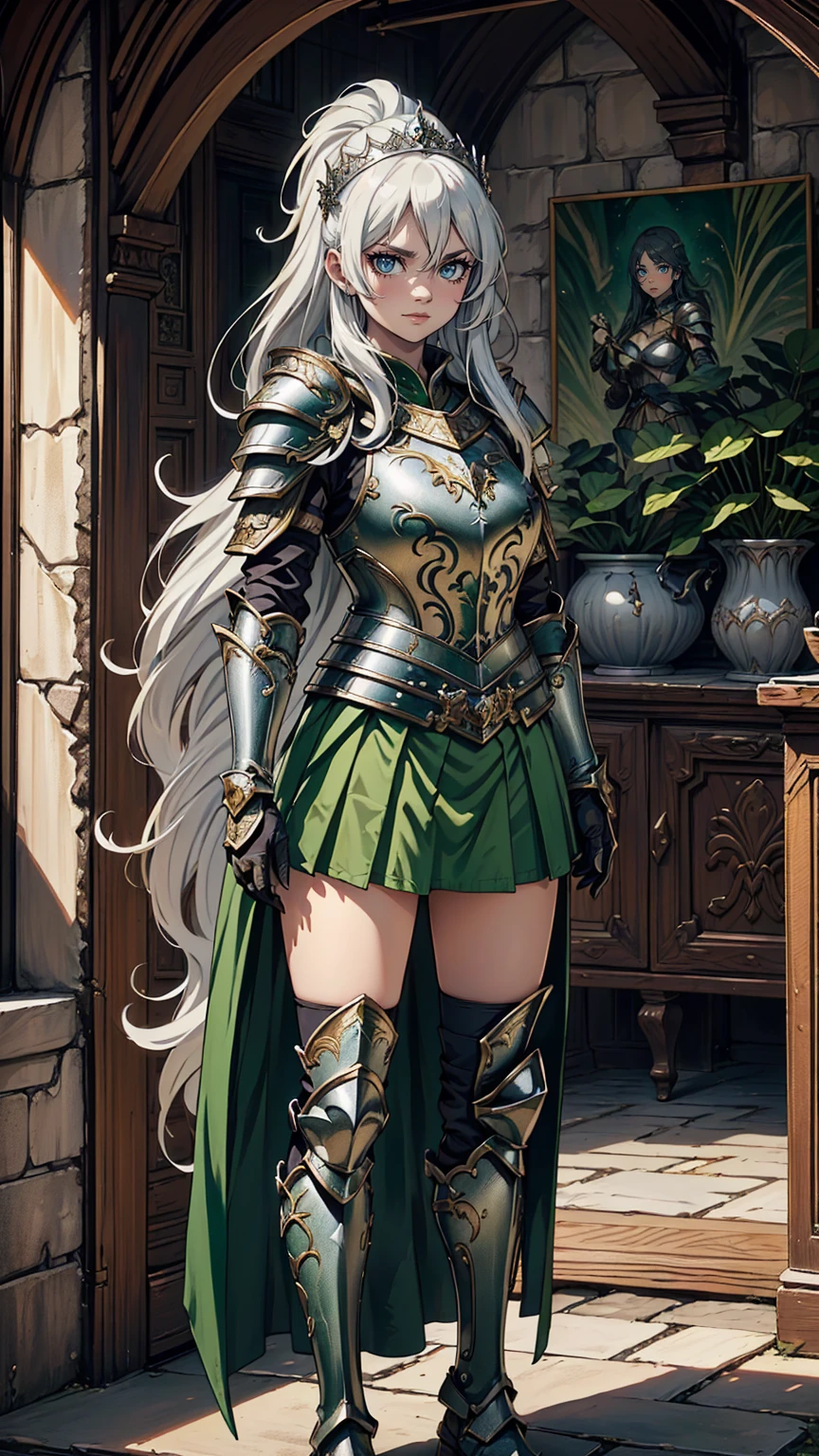 最high quality、Ultra High Definition, Ultra High Quality, Hyper Definition, Hyper Quality, Hyper Detailed, Extremely Detailed, Perfectly Detailed, Best image quality、masterpiece、anime woman((20-year-old、super dynamic pose , Green solid eyes, Silver long Hair, Disheveled Hair、Long White Hair, Glove、Green Skirt, Fantasy nature type Armor, Smirk, cheerful expression, charismatic, Detailed Cuirass , Dressed in Full Coverage Fantasy Plate Armor, leg armor, wearing diadem)),high quality、Beautiful art、background((Inside the mansion))、Written boundary depth、 movie、Visual Arts、Perfect art、8K,Genuine、