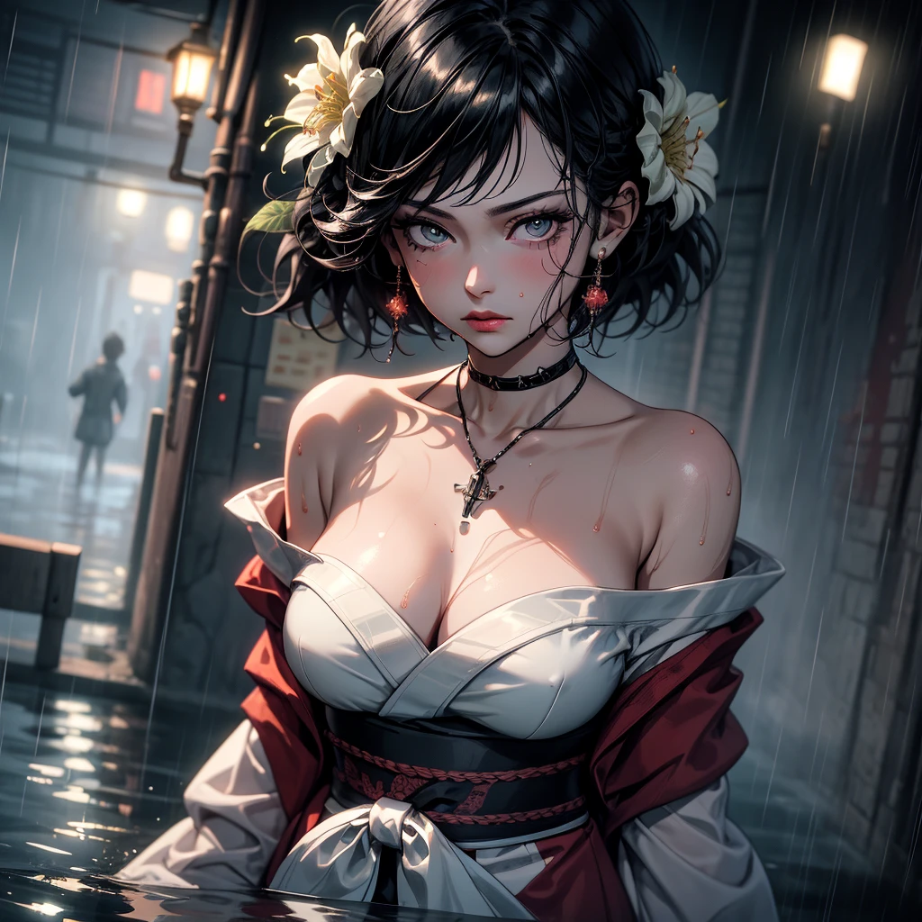 1girl, breasts, moon, lantern, night, solo, large breasts, hair ornament, wet, kimono, japanese clothes, wading, water, hair flower, flower, outdoors, sky, full moon, rain, black hair, off shoulder, mountain, cloud, holding, sash, bare shoulders, paper lantern, standing, white kimono, night sky, sideboob, obi, wet clothes, bangs, tree, from side, reflection, short hair, cloudy sky, wet hair (((masterpiece),(extremely detailed CG unity 8k wallpaper),best quality,,solo,1girl,cinematic lighting,detailed background,beautiful detailed eyes,bright pupils, (an extremely delicate and beautiful),(Beautiful and detailed eye description)， ultra-detailed,masterpiece,)),