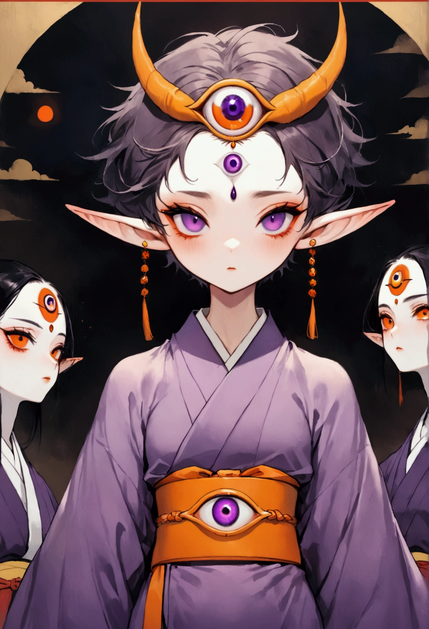 (masterpiece, best quality), Japanese cartoons, Japanese cartoons style, illustration,艺术illustration，Dark Style，(((1 boy，solo，The third eye on the forehead，Elf ears))),(((Gorgeous Japanese purple kimono：1.6，Eye))).(((Thin waist，Orange belt：1.37)))whole body，Death Stare Background。