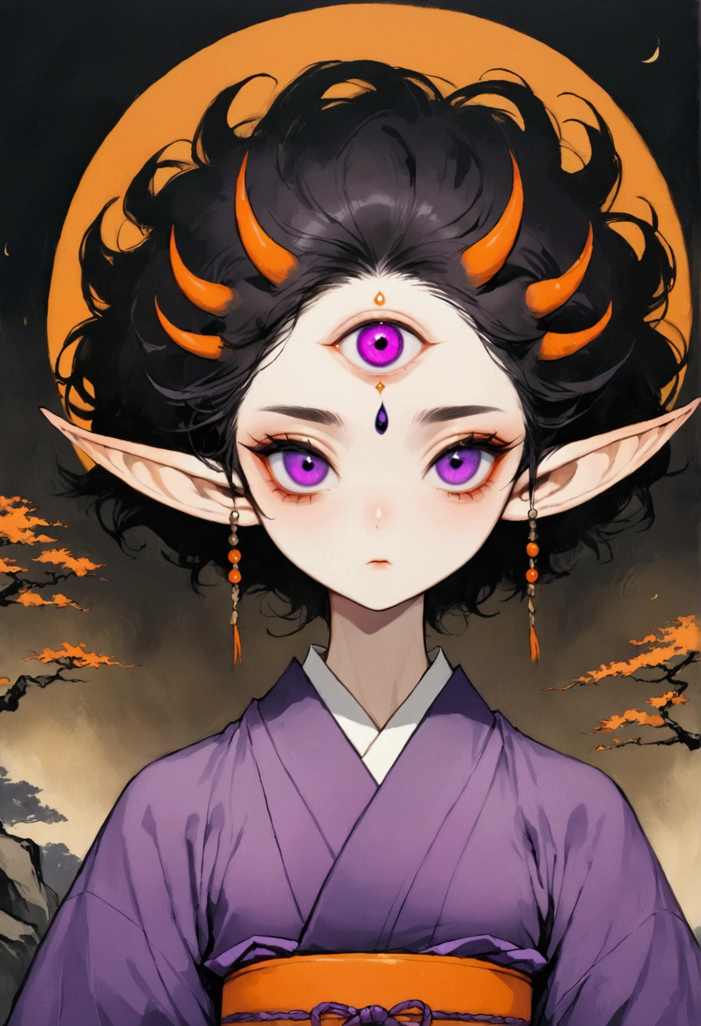 (masterpiece, best quality), Japanese cartoons, Japanese cartoons style, illustration,艺术illustration，Dark Style，(((1 boy，solo，The third eye on the forehead，Elf ears))),(((Gorgeous Japanese purple kimono：1.6，Eye))).(((Thin waist，Orange belt：1.37)))whole body，Death Stare Background。