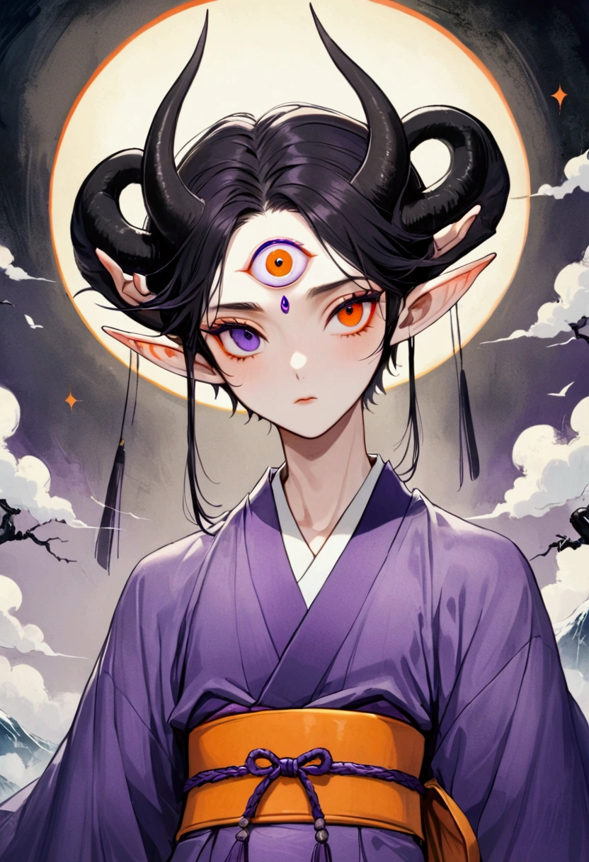 (masterpiece, best quality), Japanese cartoons, Japanese cartoons style, illustration,艺术illustration，Dark Style，(((1 boy，solo，The third eye on the forehead，Elf ears))),(((Gorgeous Japanese purple kimono：1.6，Eye))).(((Thin waist，Orange belt：1.37)))whole body，Death Stare Background。