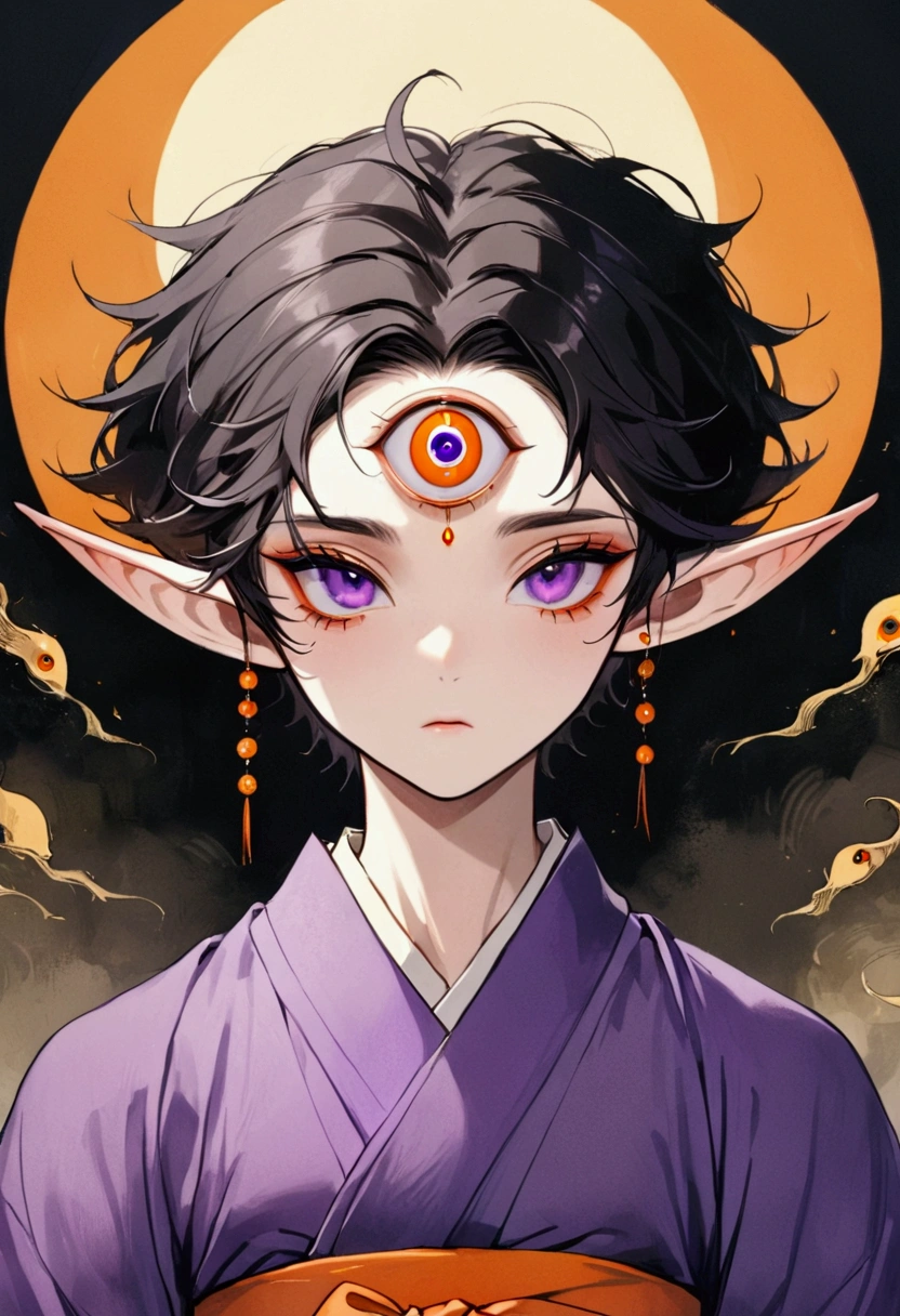 (masterpiece, best quality), Japanese cartoons, Japanese cartoons style, illustration,艺术illustration，Dark Style，(((1 boy，solo，The third eye on the forehead，Elf ears))),(((Gorgeous Japanese purple kimono：1.6，Eye))).(((Thin waist，Orange belt：1.37)))whole body，Death Stare Background。