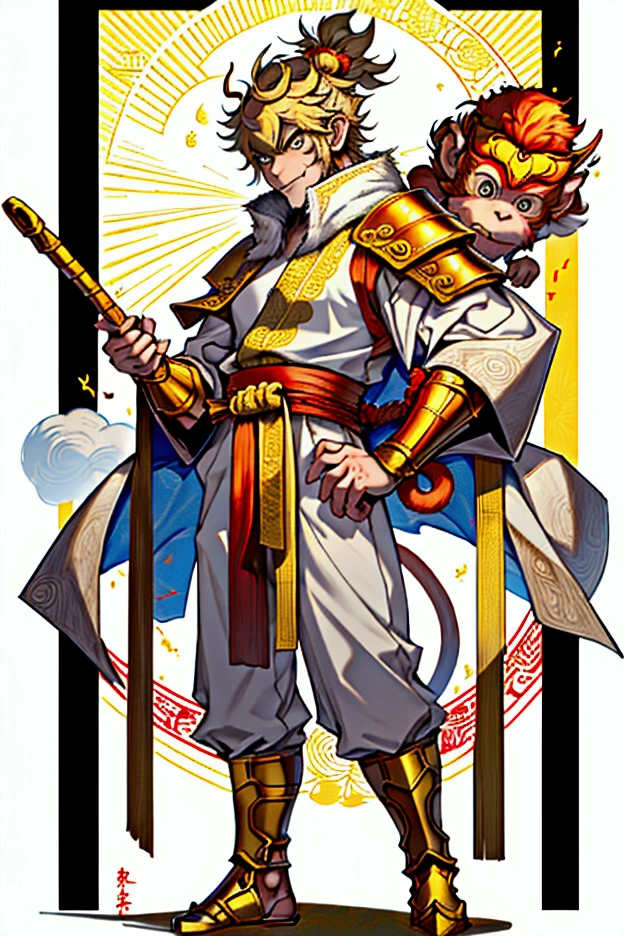 Pixel，Pixel风格，The Monkey King，Sun Wukong，The Monkey King，Holding a golden hoop rod，Wearing armor，Full body portrait，front Photo，For the audience，Stand in military posture，No background