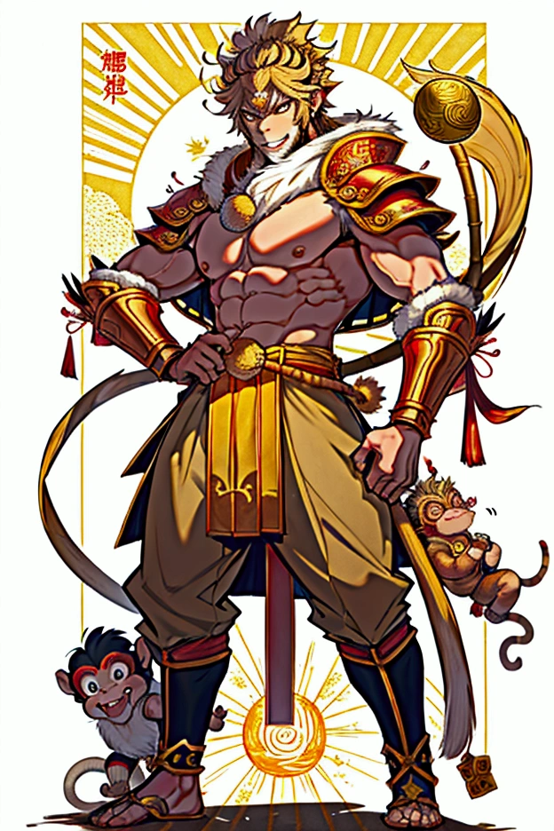 Pixel，Pixel风格，The Monkey King，Sun Wukong，The Monkey King，Holding a golden hoop rod，Wearing armor，Full body portrait，front Photo，For the audience，Stand in military posture，No background