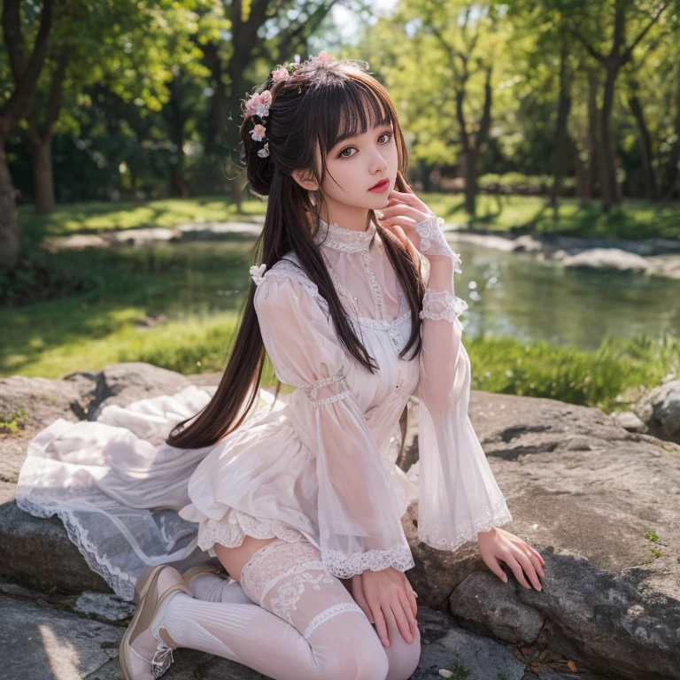 best quality, masterpiece, lifelike, 1 girl, solitary, eternity, Hair tied into a double ponytail, Bangs, laugh out loud, layered lace skirt, Puff sleeves, Wide sleeves, Transparent sleeves, flower, Detailed Background, Delicate face,pink blush,White,knee socks, pink shoes,cold,lots of lace,((masterpiece))、(top quality)、8k、high detail、Super detailed、 21 years old female,masterpiece、born、intricate details showcase the ruffles and intricate designs of the Lolita dress、fair、magic、realism、Visual effects、FXAA、SSAO、Shader、voiceless、ambient lighting、Tone mapping、High resolution、Ultra high quality、Million pixels、(8k resolution:1.10)、8k resolution、high detail、intricate details、 (high quality:1.2、masterpiece:1.2、:1.21)、(21 years old female),Landscape photos