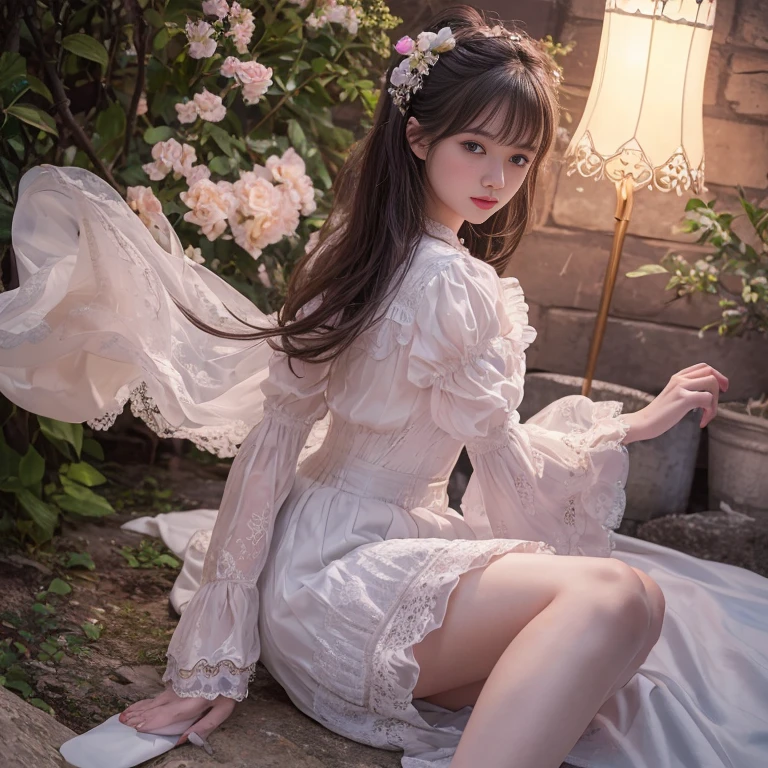 best quality, masterpiece, lifelike, 1 girl, solitary, eternity, Hair tied into a double ponytail, Bangs, laugh out loud, layered lace skirt, ???? sleeves, Wide sleeves, Transparent sleeves, flower, Detailed Background, Delicate face,pink blush,White,knee socks, pink shoes,cold,lots of lace,((masterpiece))、(top quality)、8k、high detail、Super detailed、 21 years old female,masterpiece、born、intricate details showcase the ruffles and intricate designs of the Lolita dress、fair、magic、realism、Visual effects、FXAA、SSAO、Shader、voiceless、ambient lighting、Tone mapping、High resolution、Ultra high quality、Million pixels、(8k resolution:1.10)、8k resolution、high detail、intricate details、 (high quality:1.2、masterpiece:1.2、:1.21)、(21 years old female),Landscape photos