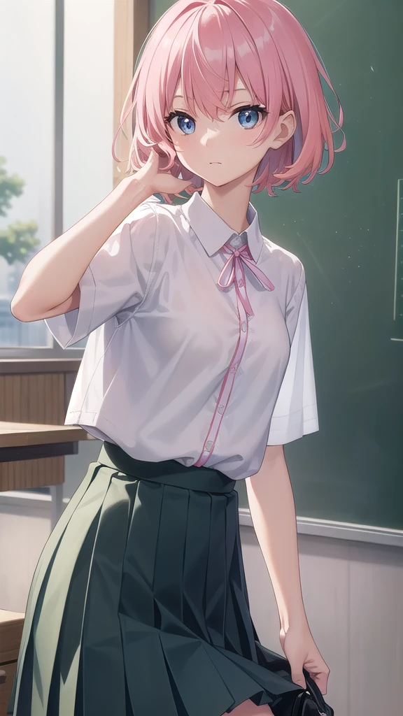 ichikanakano, Nakano Ichika, short hair, bangs, blue eyes, Hair between the eyes, Pink Hair,whole body,Low - Angle,front,looking at the camera, break skirt, shirt, , white shirt, Short sleeve, Pleated skirt, shoes, shoes下, collared shirt, Black footwear, sweater, white shoes下, Green Skirt, loafers, Waist clothes, break looking at viewer, whole body, Upper Body, break indoors, classroom, break (masterpiece:1.2), Highest quality, High resolution, unity 8k wallpaper, (figure:0.8), (Beautiful attention to detail:1.6), Highly detailed face, Perfect lighting, Highly detailed CG, (Perfect hands, Perfect Anatomy),