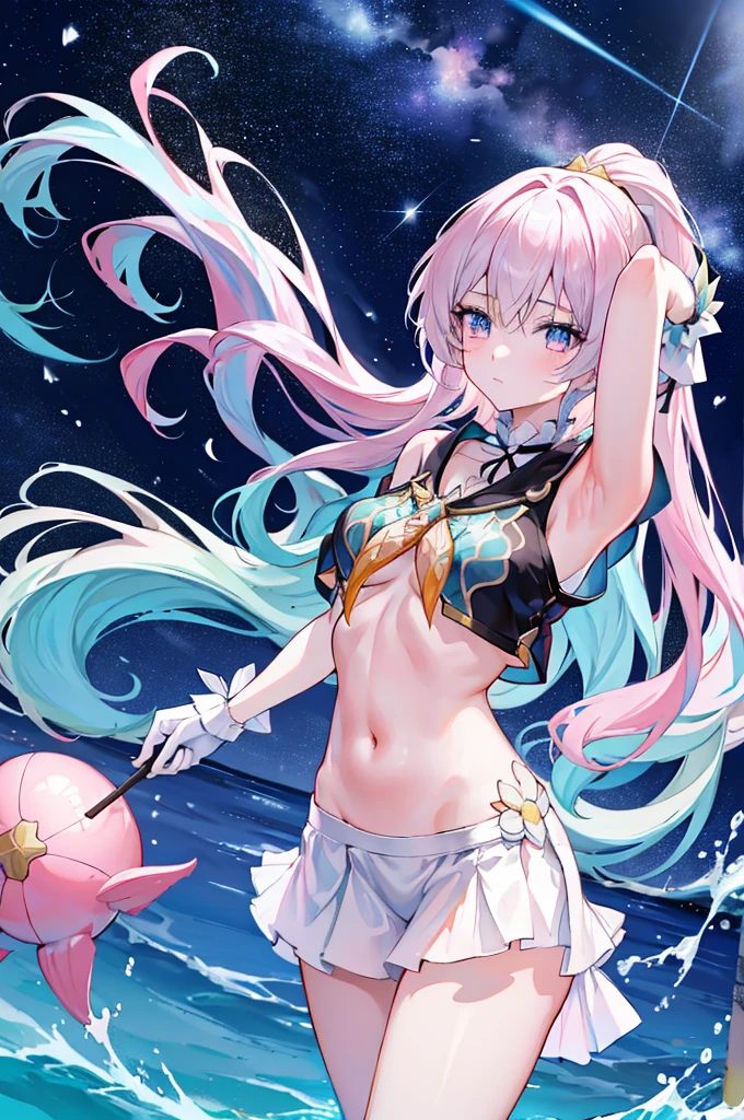 (masterpiece), best quality, long hair, straight hair, anime girl, young, skinny, sexy, beach , ( pink miniskirt), medium thighs, medium , navel, g cup chest, (beautiful face) , seductive , white gloves, upper thighs, bare shoulders , good angle , light blue hair , firefly (honkai star rail), leaning, ponytail, armpits, lying 