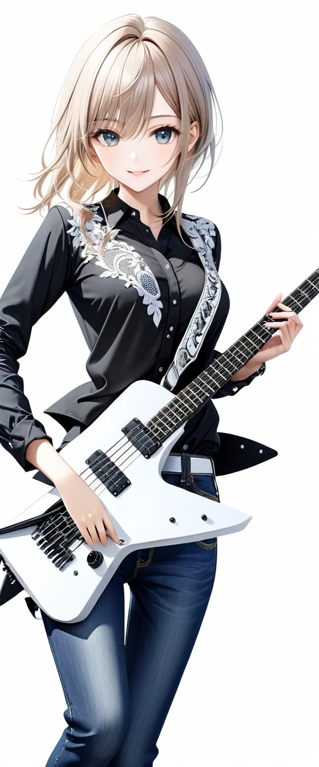 (((White background:1.5)))、(very wide shot)、(masterpiece、Ultra HD、Highest quality、Masterpiece、4K:1.2)、Slender body、Holding a white electric guitar,Scandinavian Metal Girl, A gentle gaze at the camera, Intricate details, Highly detailed eyes, Highly detailed fingers、(Black shirt and jeans) 、Wear black boots、A kind smile、(((Dynamic pose:1.5)))